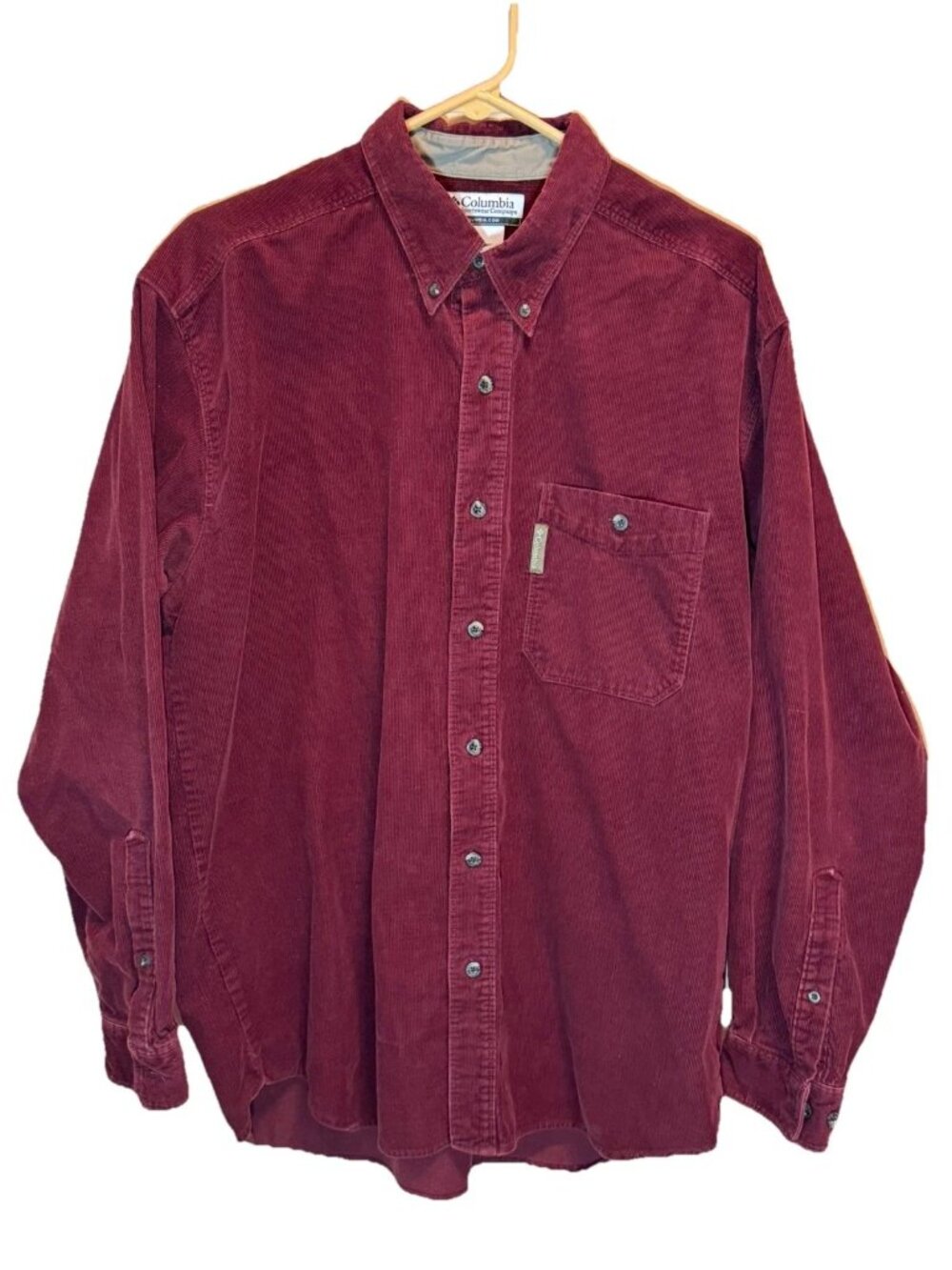 Vintage Columbia Shirt Mens L Corduroy‎ Burgundy Button Up Hiking Outdoors 90s
